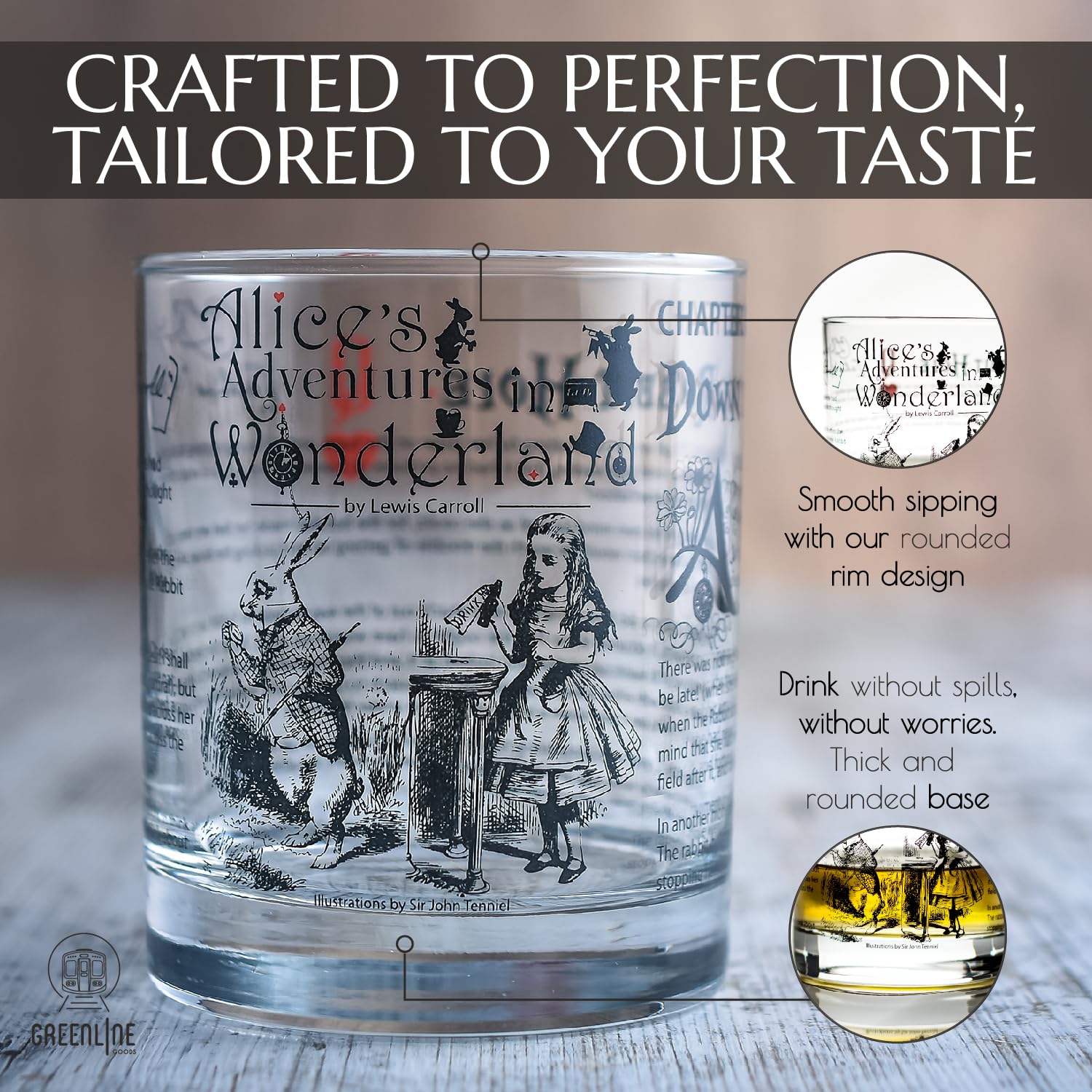 Greenline Goods whiskey glass features Mad Hatter tea party scene, perfect for themed celebrations.