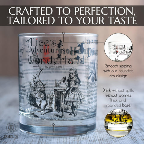 Greenline Goods whiskey glass features Mad Hatter tea party scene, perfect for themed celebrations.