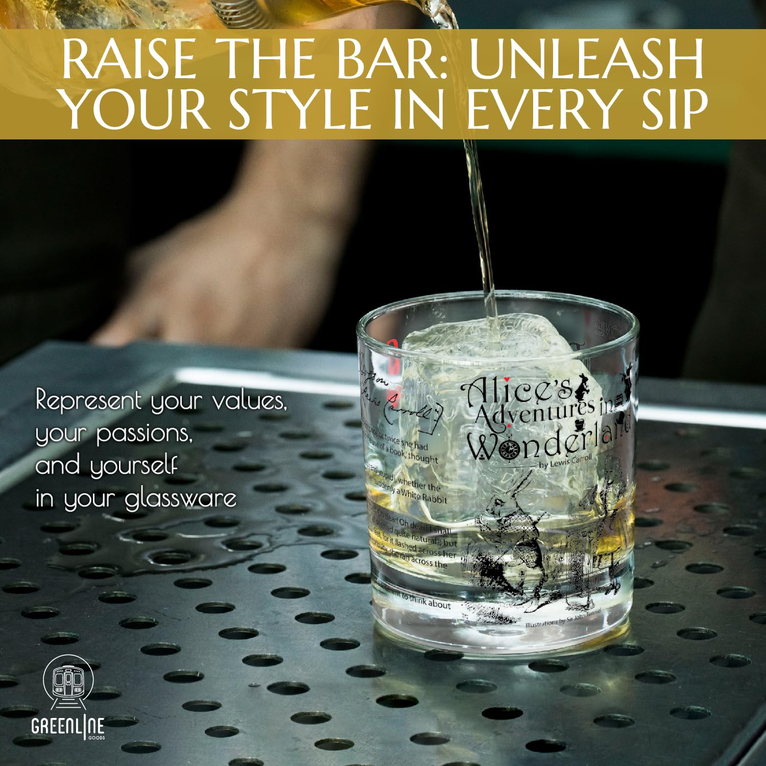 Greenline Goods whiskey glass through the looking glass illustration, adds literary flair to any pour.