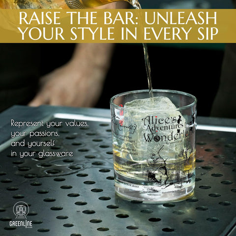 Greenline Goods whiskey glass through the looking glass illustration, adds literary flair to any pour.