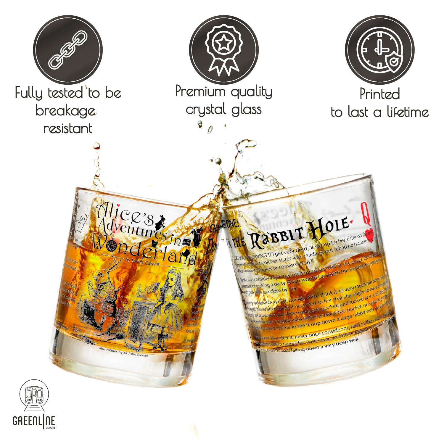 Greenline Goods whiskey glass shows vintage book pages design, a sophisticated nod to classic literature.