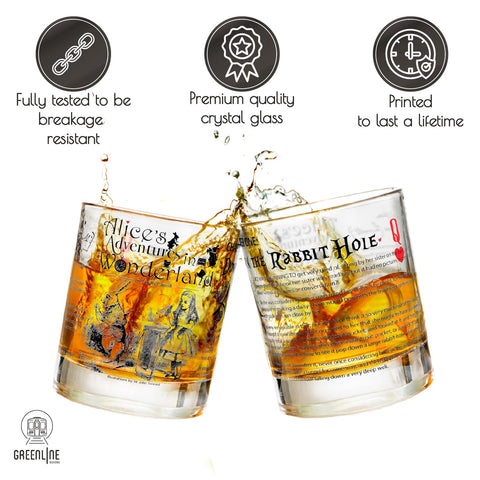 Greenline Goods whiskey glass shows vintage book pages design, a sophisticated nod to classic literature.