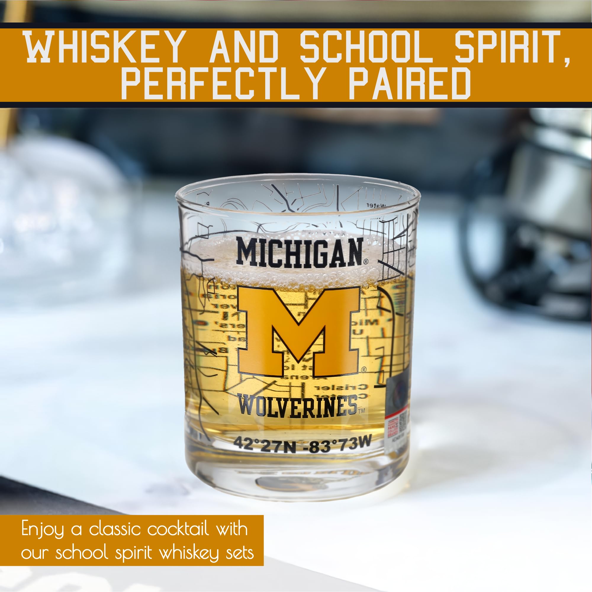 Greenline Goods Wolverines glasses landmarks map—evokes campus nostalgia during celebratory pours.