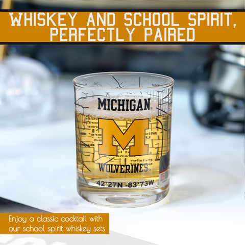Greenline Goods Wolverines glasses landmarks map—evokes campus nostalgia during celebratory pours.