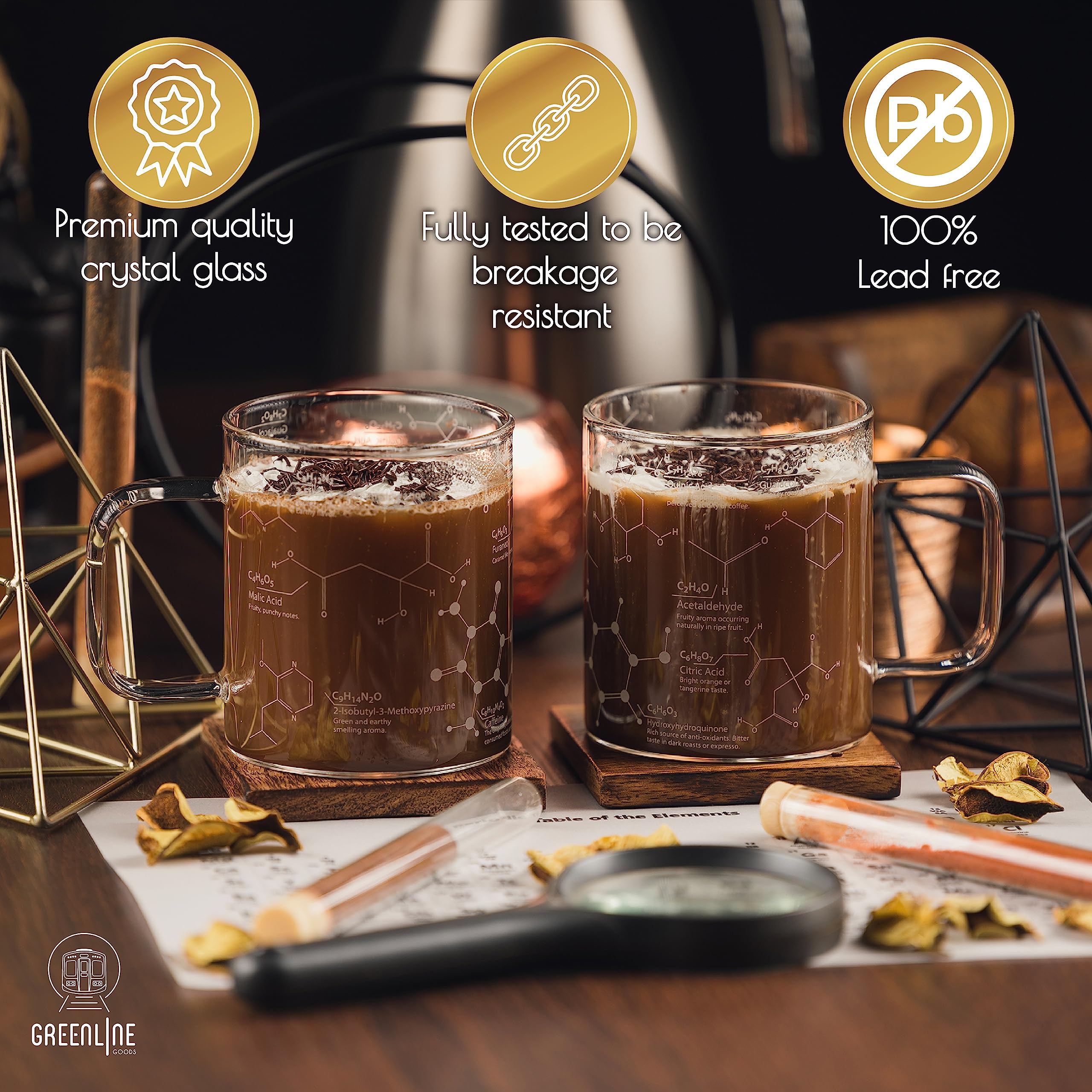 Greenline Goods wrap-around molecule etching provides a bold, conversation-starting coffee aesthetic.