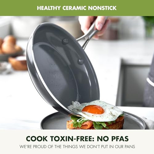 GreenPan Swift pan featuring a stainless steel handle for a secure grip during sautéing