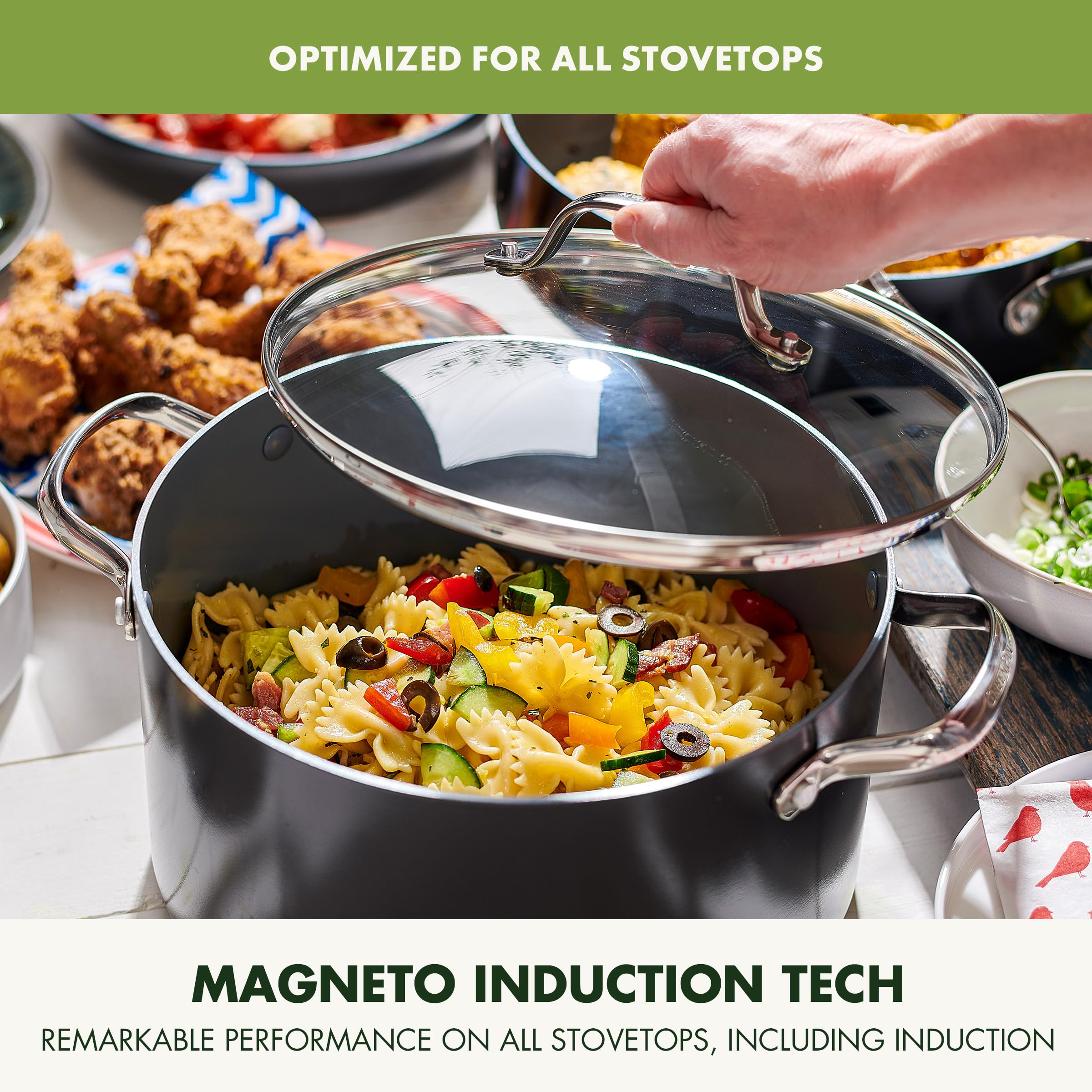 GreenPan Valencia Pro 8Qt stock pot coating close-up, diamond-infused nonstick for effortless release.