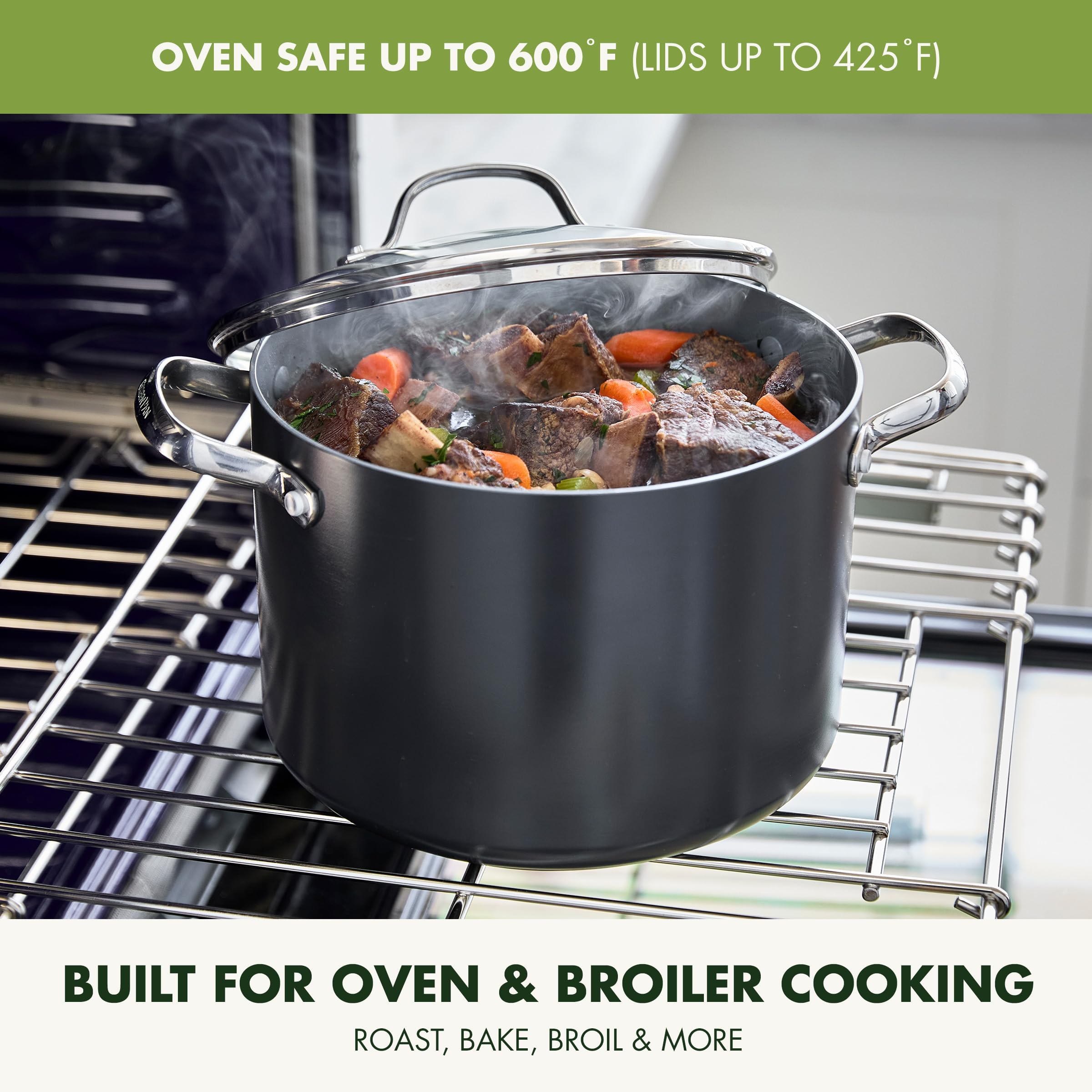 GreenPan Valencia Pro 8Qt stock pot glass lid close-up, easy visibility while simmering.