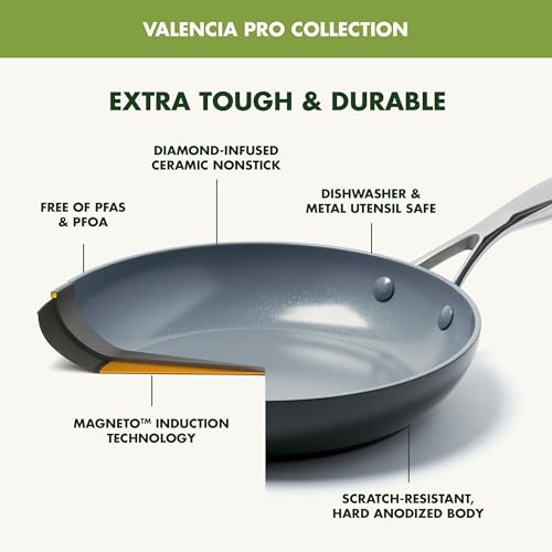 GreenPan Valencia Pro 8Qt stock pot handle detail with stainless steel handle safe for stovetop to oven.