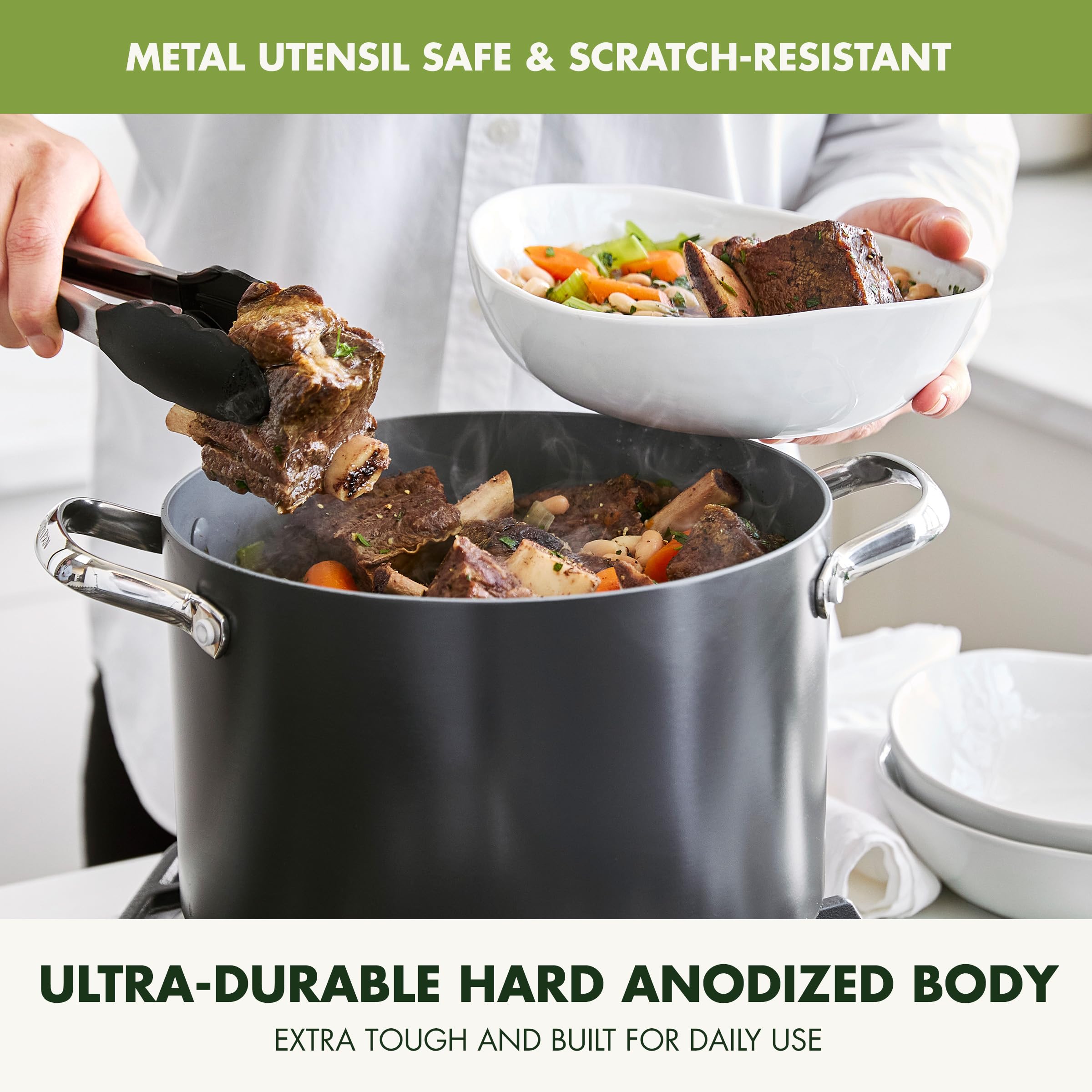 GreenPan Valencia Pro 8Qt stock pot induction base, magneto design ensures efficient heating.