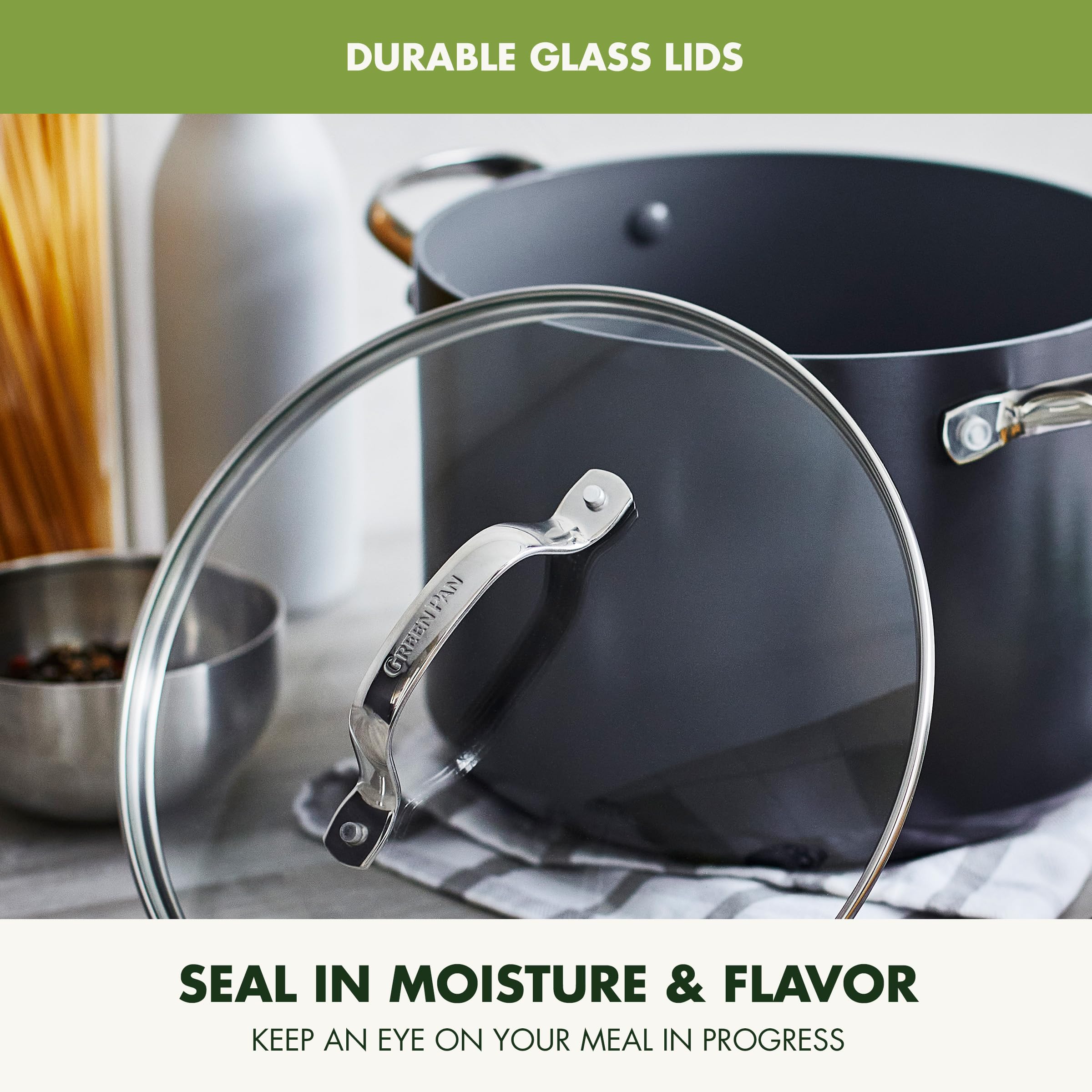 GreenPan Valencia Pro 8Qt stock pot oven-safe label, broiler-ready up to high temperatures.