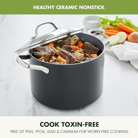 GreenPan Valencia Pro 8Qt stock pot side profile showing durable hard anodized body for everyday use.