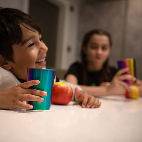 Greens Steel 10oz kids cups, stacked, space-saving design for small kitchens