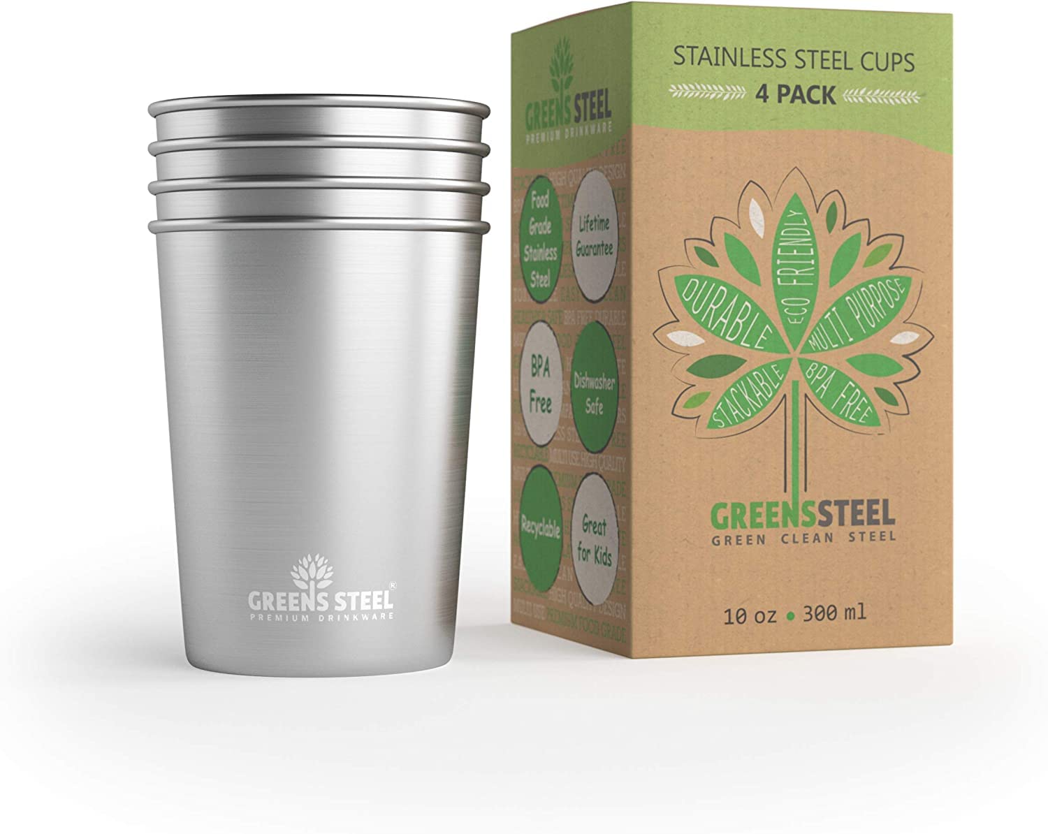 Greens Steel 10oz tumbler 4-pack stackable for easy travel and daily hydration.