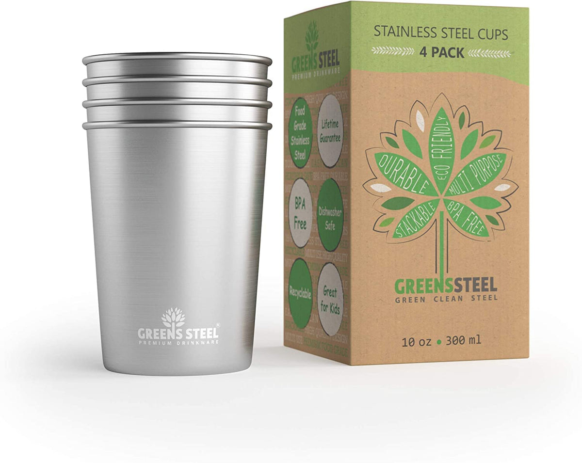Greens Steel 10oz tumbler 4-pack stackable for easy travel and daily hydration.