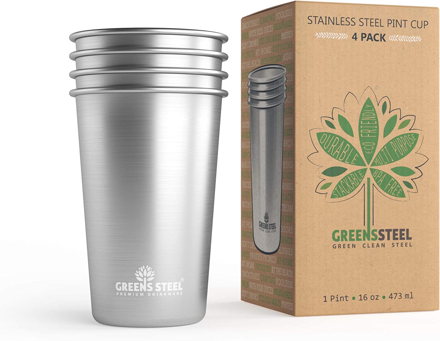 Greens Steel 16 oz pint cup front view, durable stainless steel for daily use