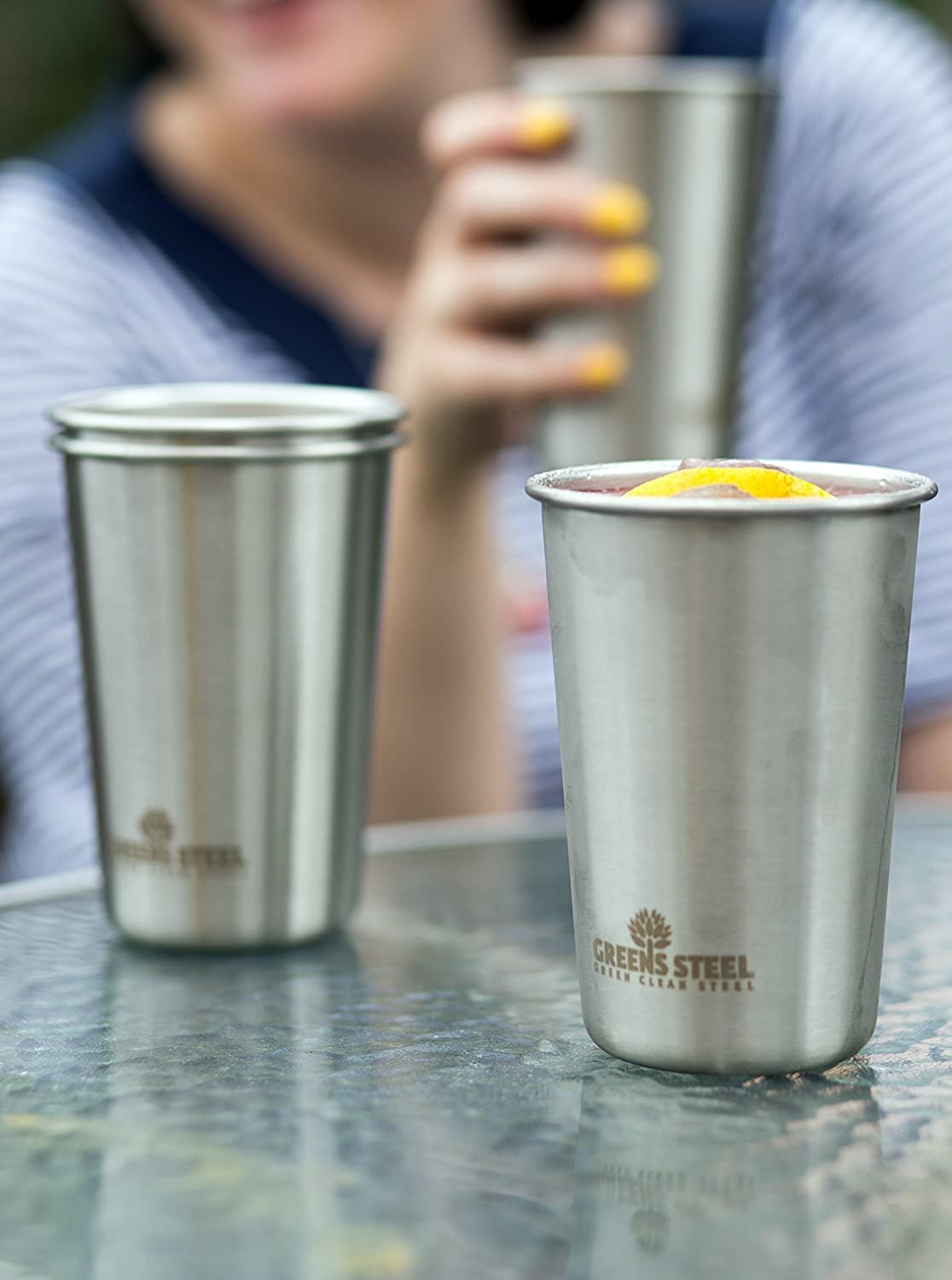Greens Steel 16 oz pint cup side view, smooth interior for clean taste