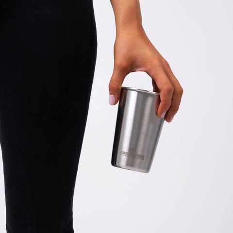 Greens Steel 20oz tumbler can be used for hot drinks with a sleeve.