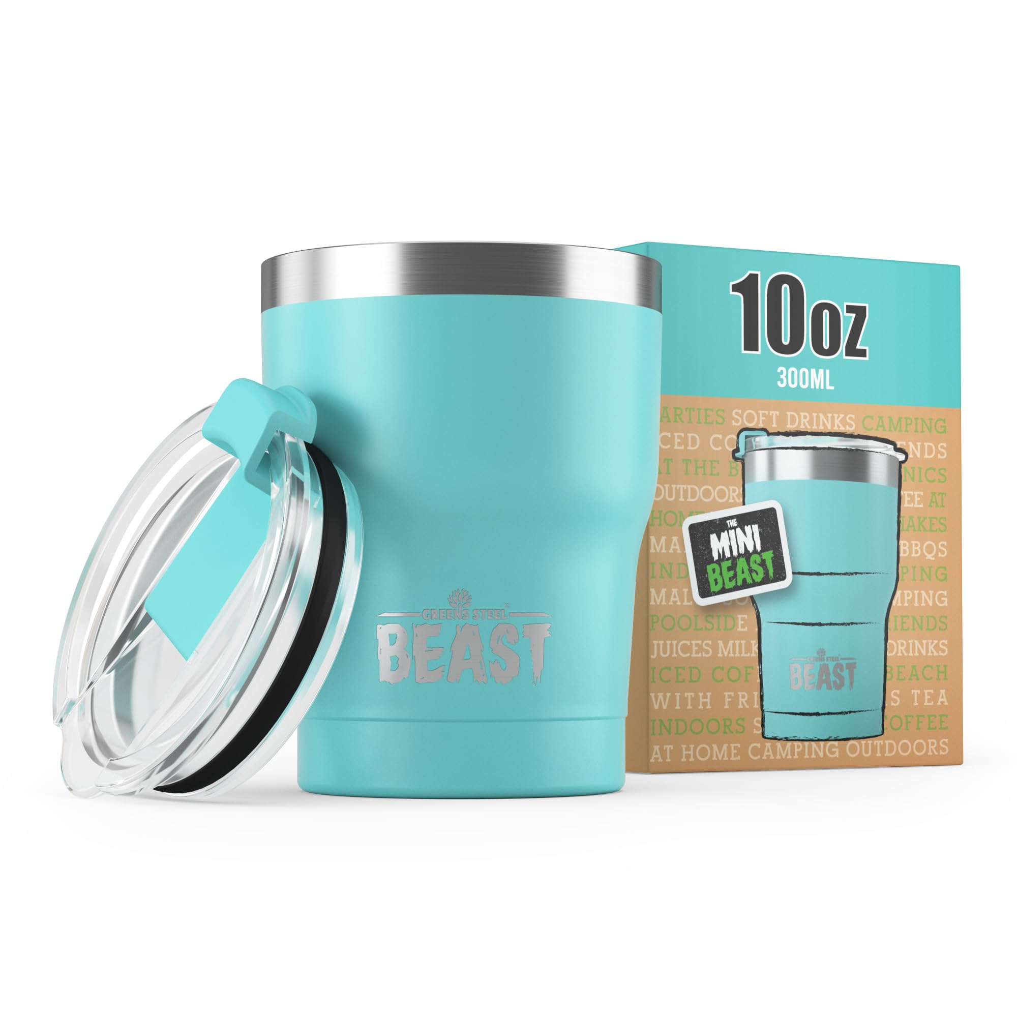 Greens Steel Beast 10oz aquamarine blue tumbler with splash-proof lid on the move
