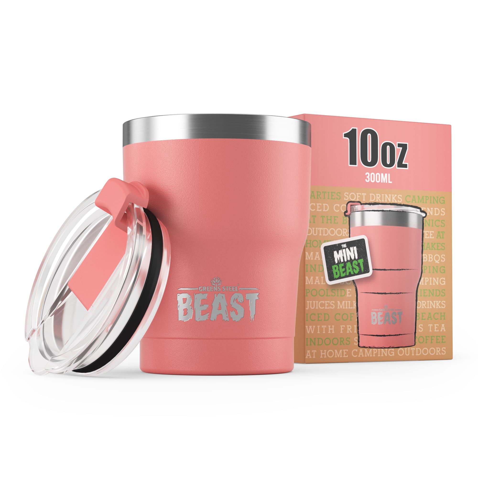 Greens Steel Beast 10 oz tumbler in blossom pink, front view for on-the-go style