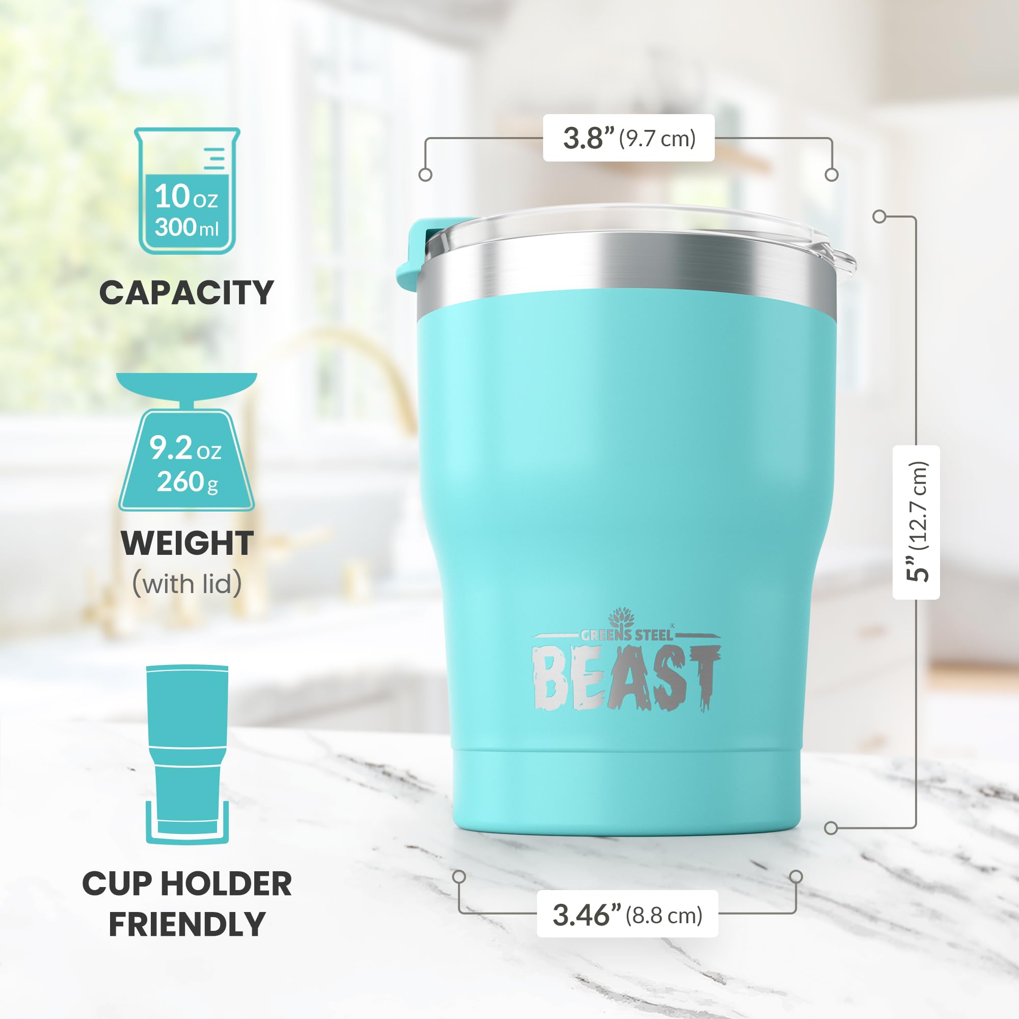 Greens Steel Beast 10oz powder-coated finish resists scratches and rust