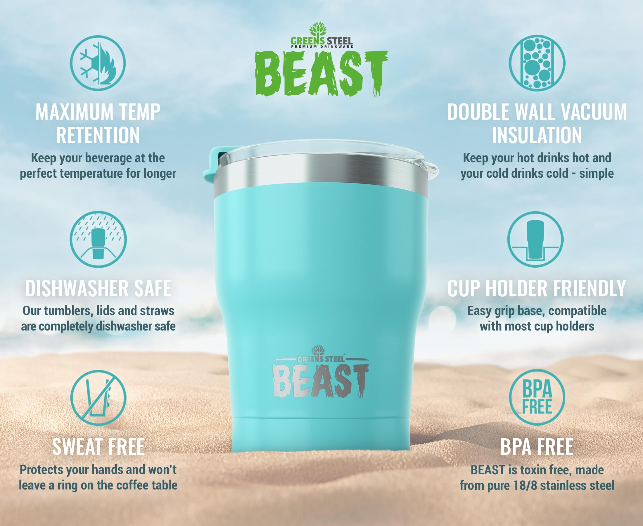 Greens Steel Beast 10oz stainless steel interior with 18/8 quality