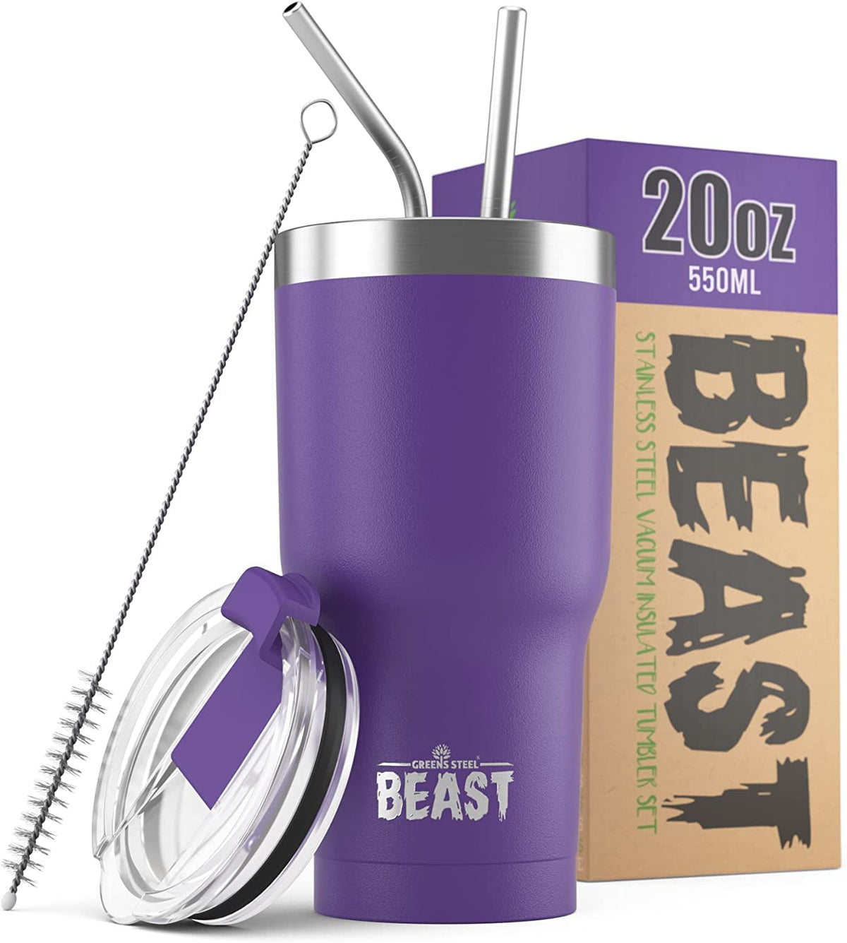 Greens Steel Beast tumbler front view in purple for on-the-go coffee
