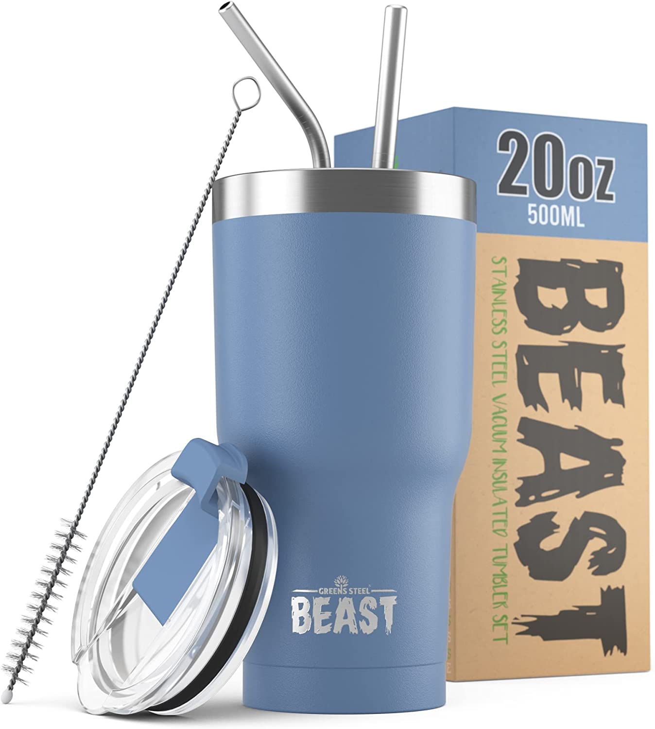 Greens Steel Beast 20oz tumbler outer view with stormy sky blue finish and rugged look