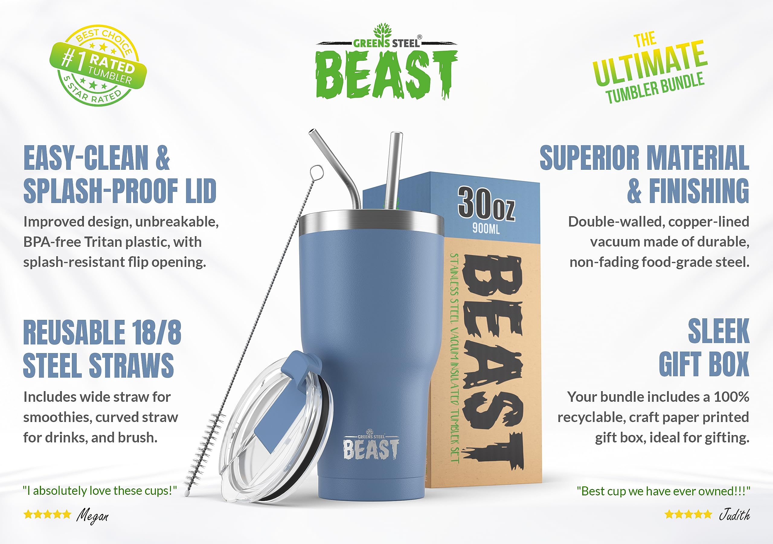 Greens Steel Beast 30oz lid closed showing leak-resistant design for travel