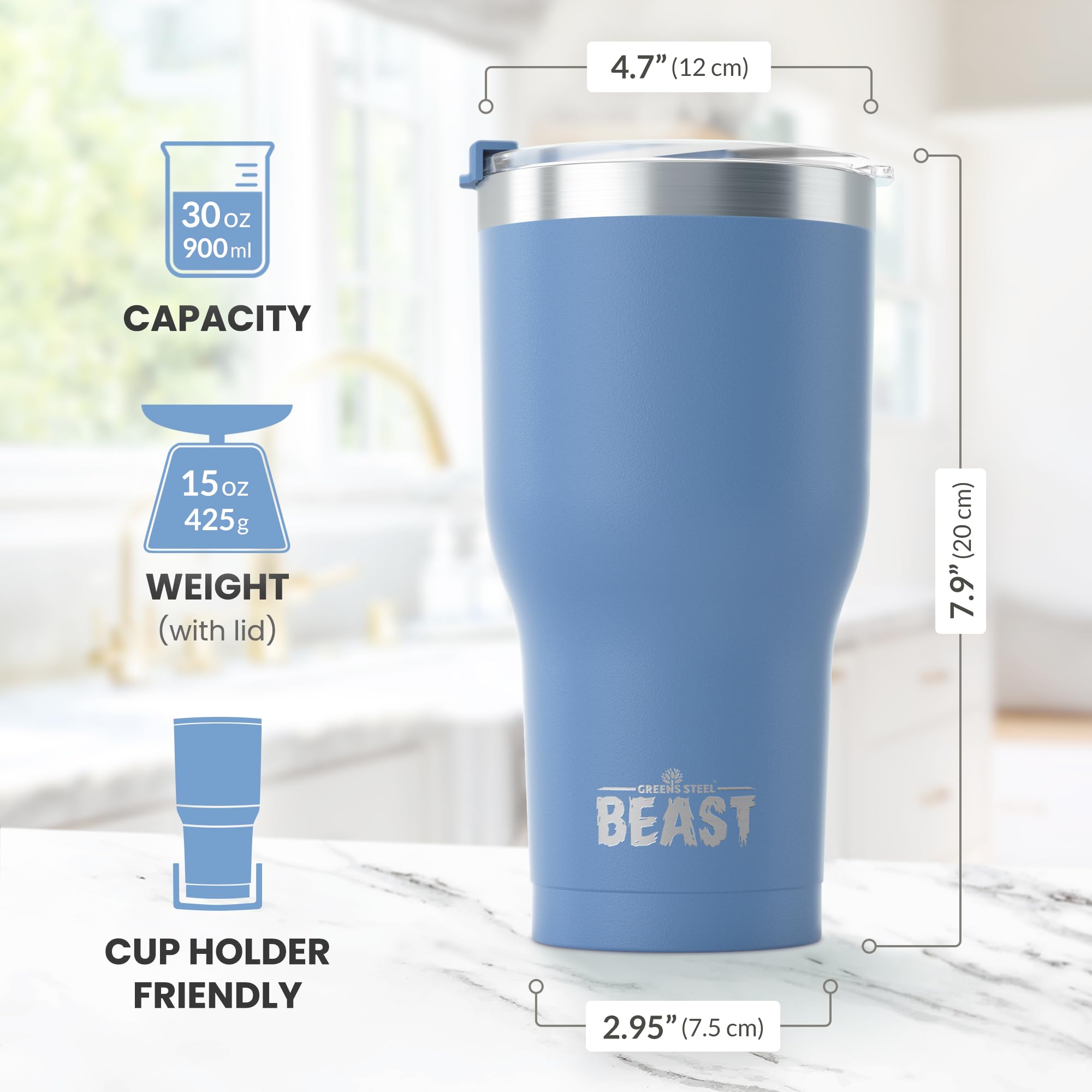 Greens Steel Beast 30oz splash-proof lid in use during a commute