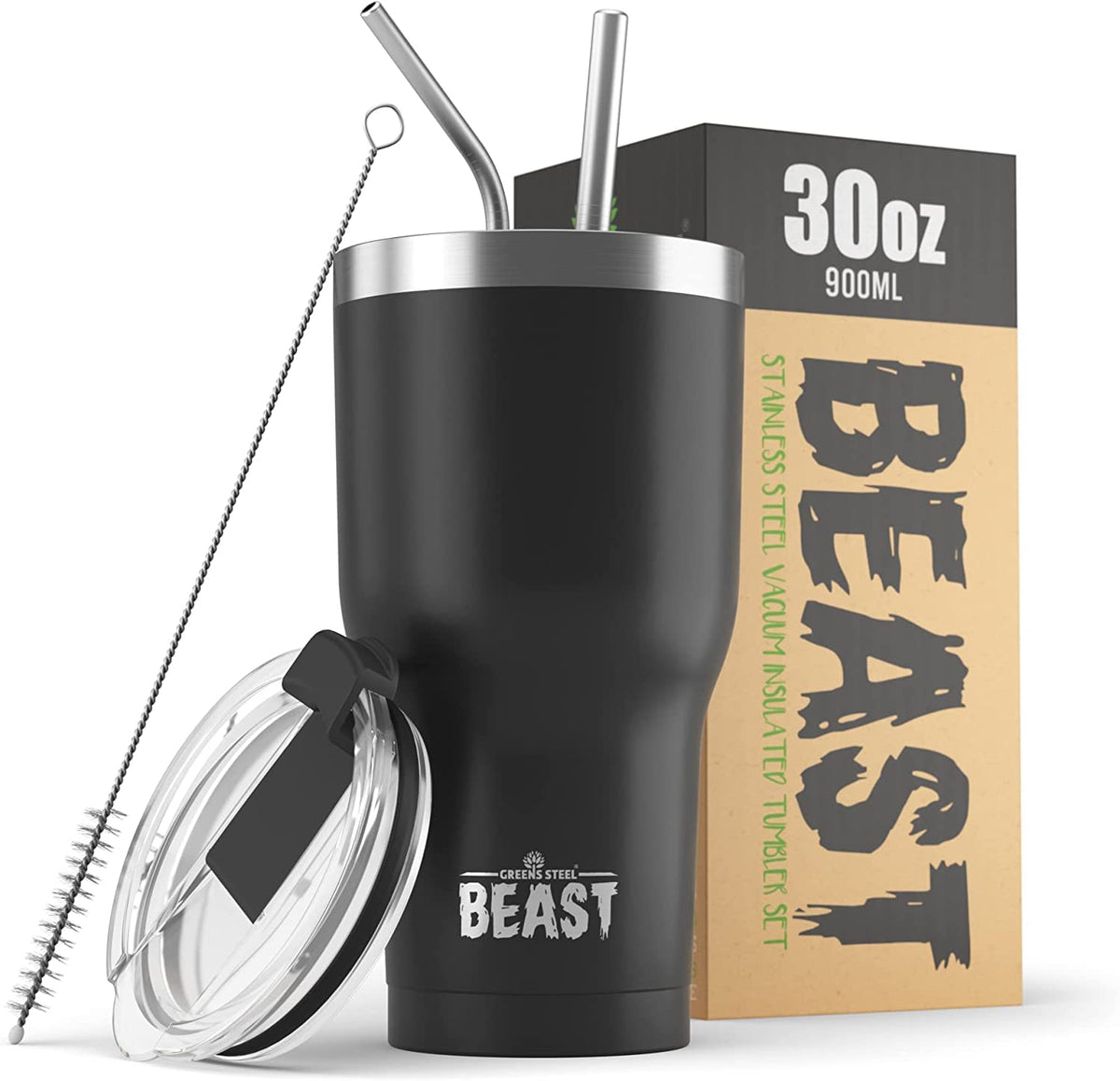Greens Steel Beast 30oz tumbler matte black side view showing double-wall insulation