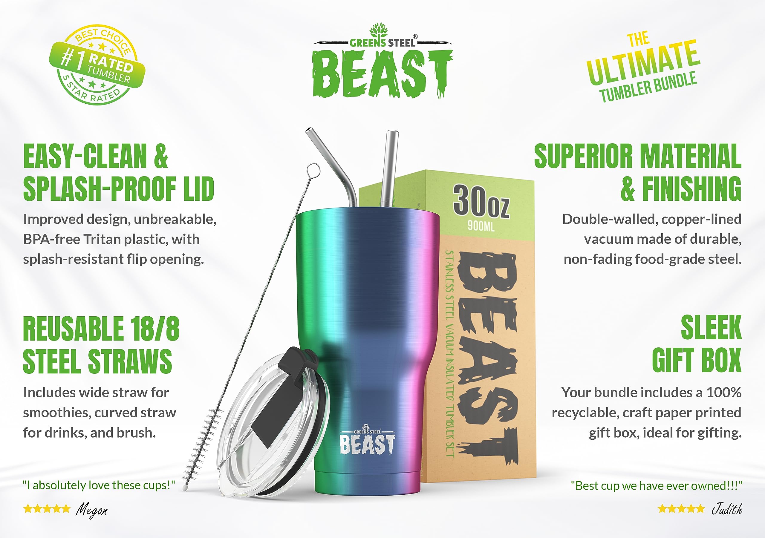 Greens Steel Beast 30oz tumbler rainbow lid, leak-proof design for travel