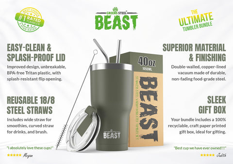 Greens Steel Beast insulation keeps drink temperature longer.
