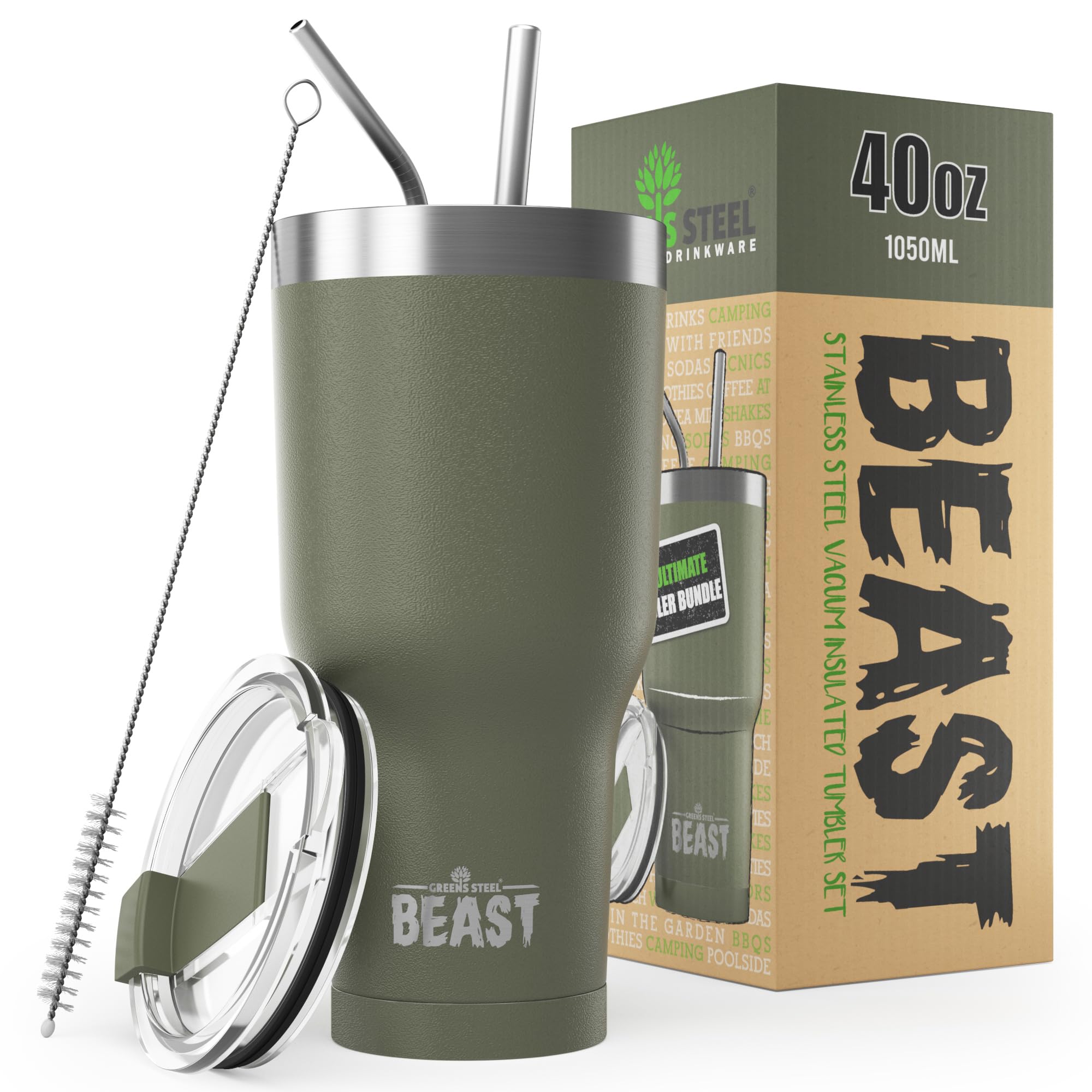Greens Steel Beast 40 oz capacity for all-day hydration.