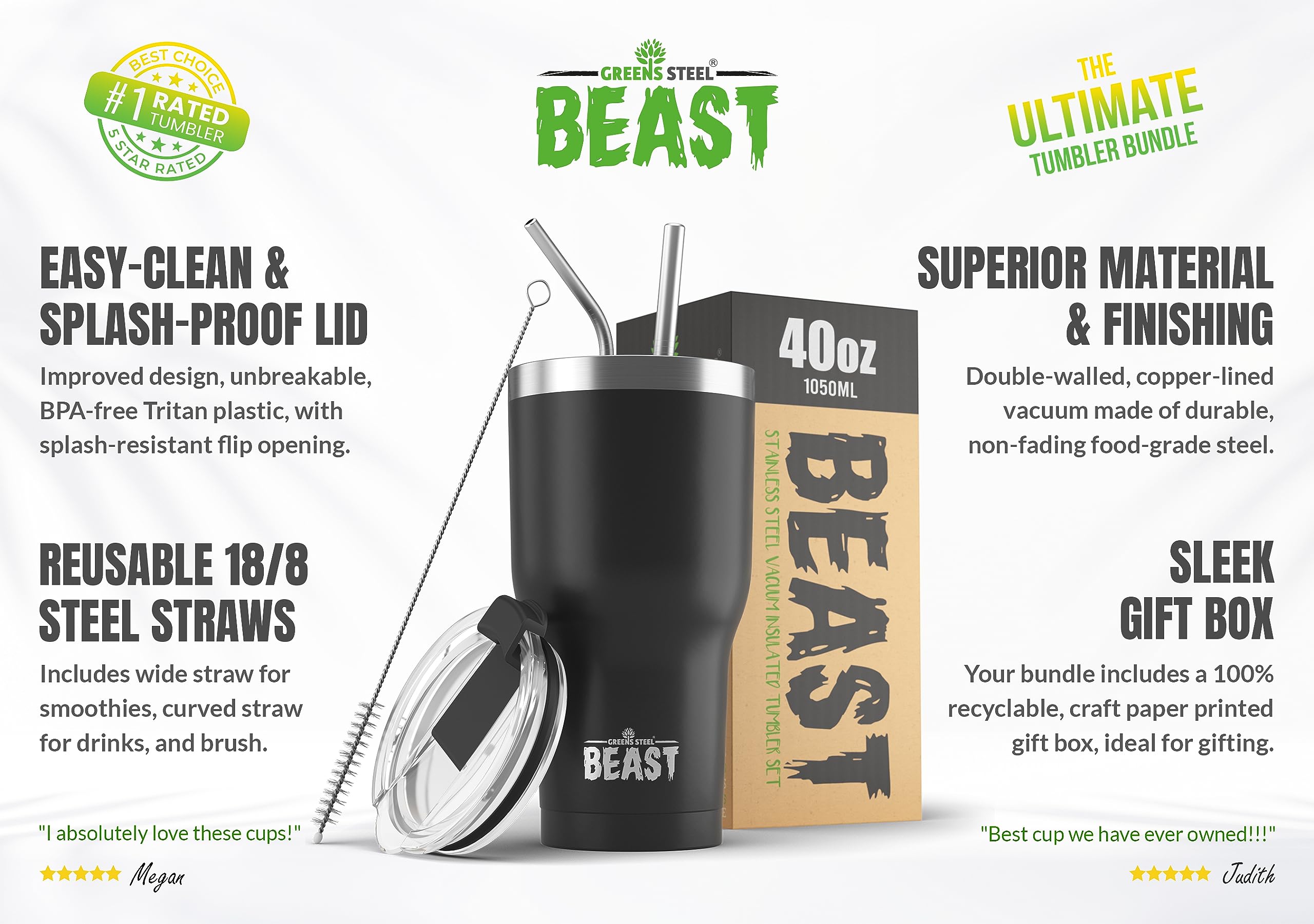 Greens Steel Beast 40oz interior electro-polished prevents flavor transfer for pure taste.