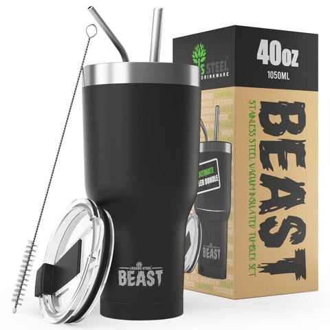 Greens Steel Beast 40oz tumbler matte black exterior keeps drinks cool on the go.