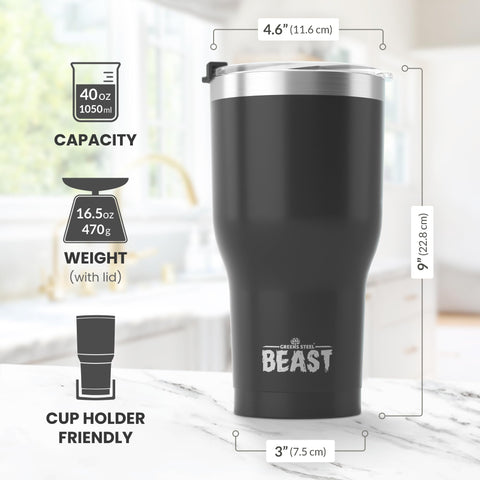 Greens Steel Beast 40oz straw brush aids quick cleaning after use.