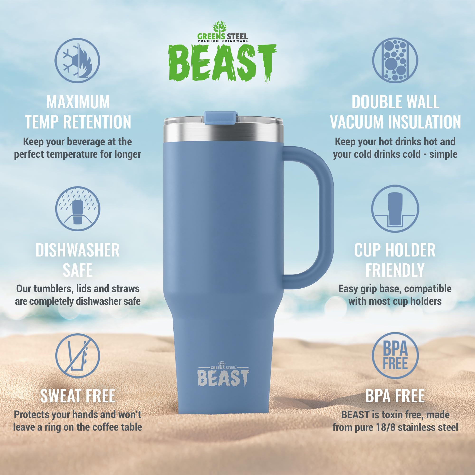 Greens Steel Beast 42 oz tumbler interior electro-polished to preserve pure taste