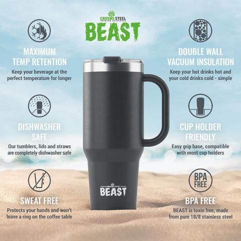 Greens Steel Beast 42oz tumbler showing large capacity for outings