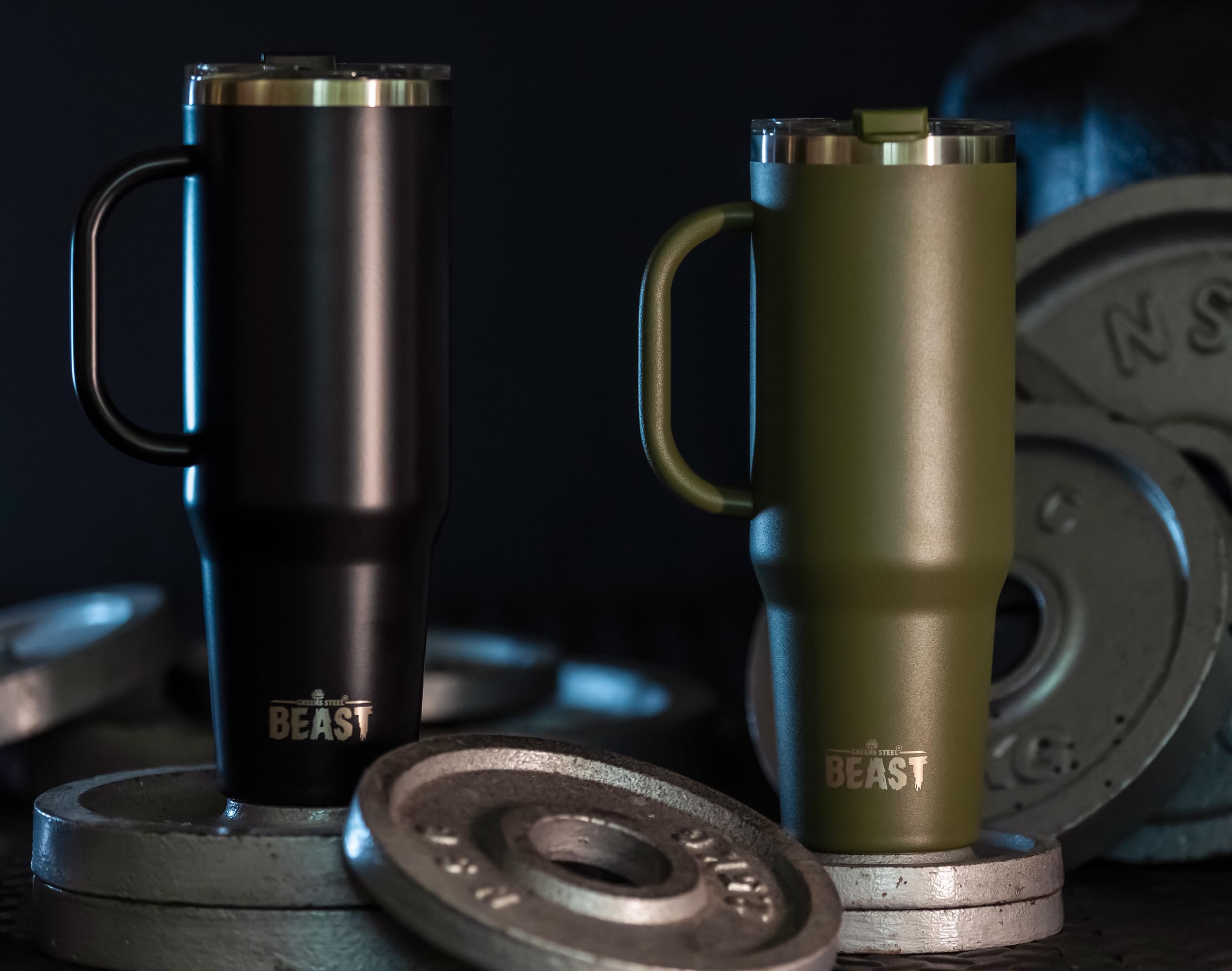 Greens Steel Beast 50 oz tumbler bundle including two straws and brush.