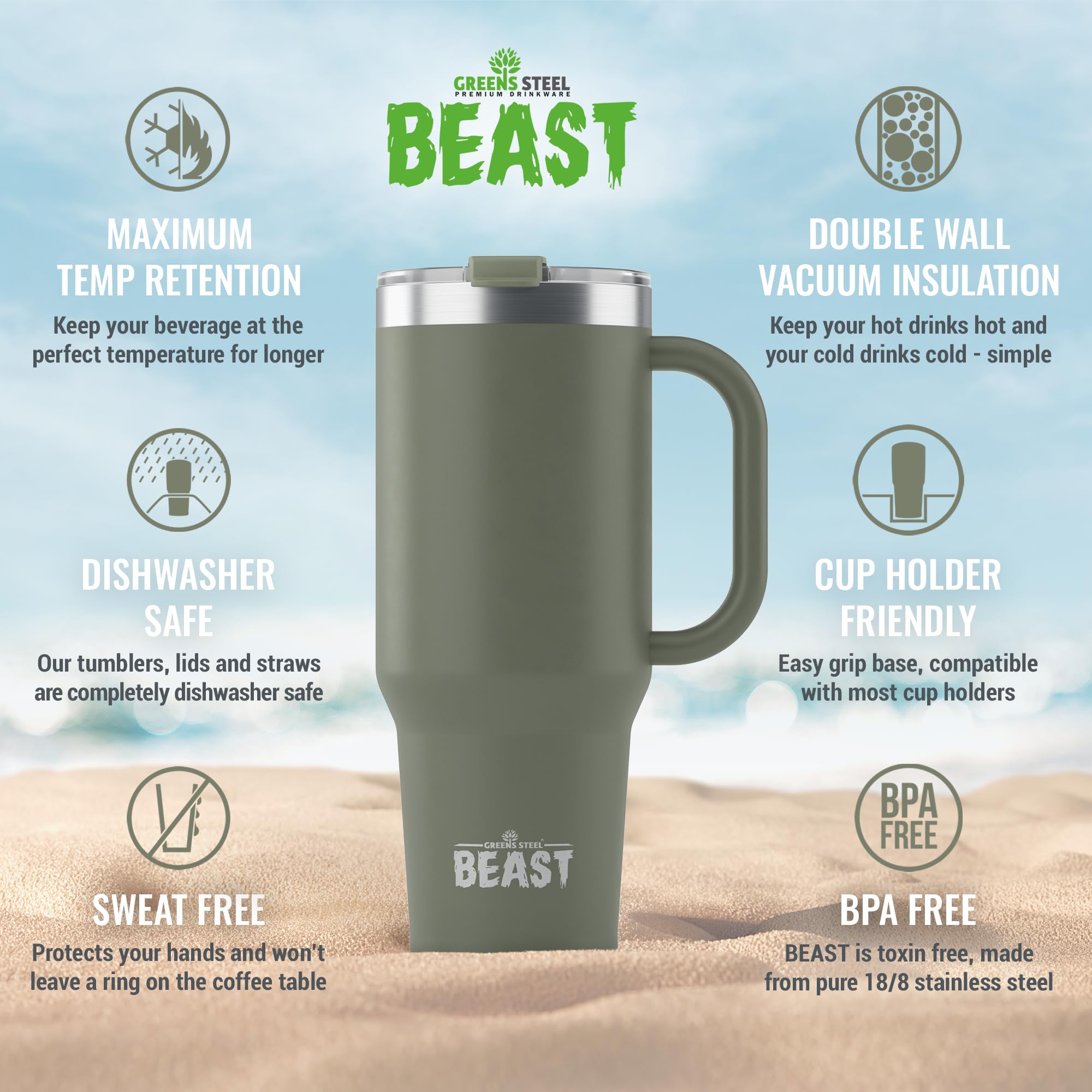 Greens Steel Beast 50 oz tumbler with army green powder-coated exterior finish.