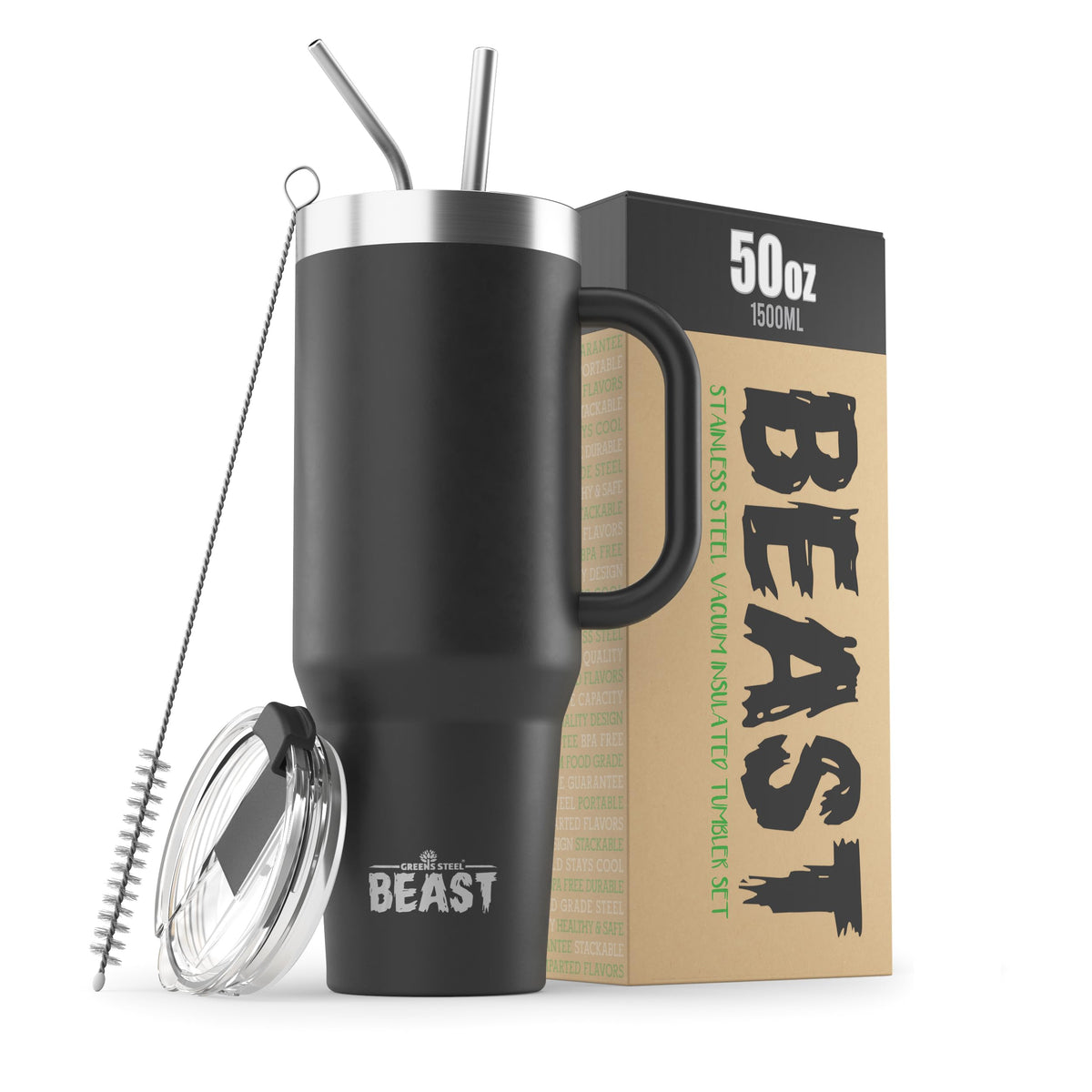 Greens Steel Beast 50oz tumbler with handle for easy transport on adventures