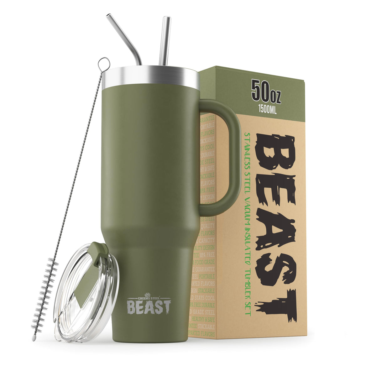 Greens Steel Beast 50 oz tumbler with sturdy handle for easy transport on adventures.