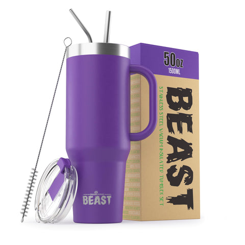 Greens Steel Beast 50oz tumbler with handle for secure travel and easy pouring.
