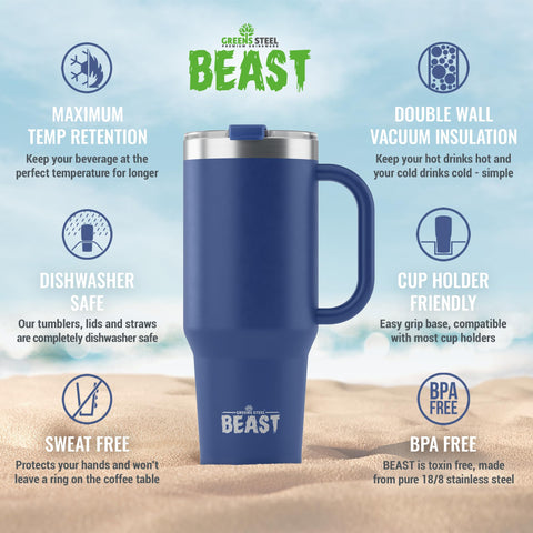 Greens Steel Beast 50oz tumbler insulated design maintains temperature longer.