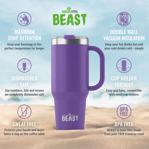 Powder-coated deep purple finish on Greens Steel Beast 50oz tumbler resists scratches.