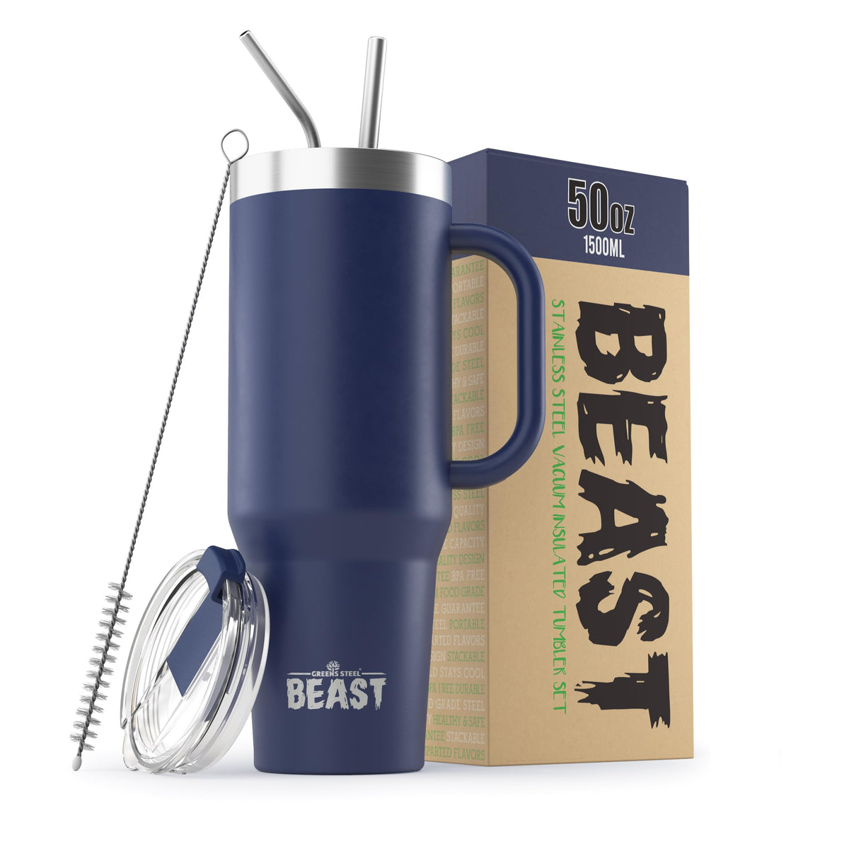 Greens Steel Beast 50oz tumbler with royal blue handle for durable travel.