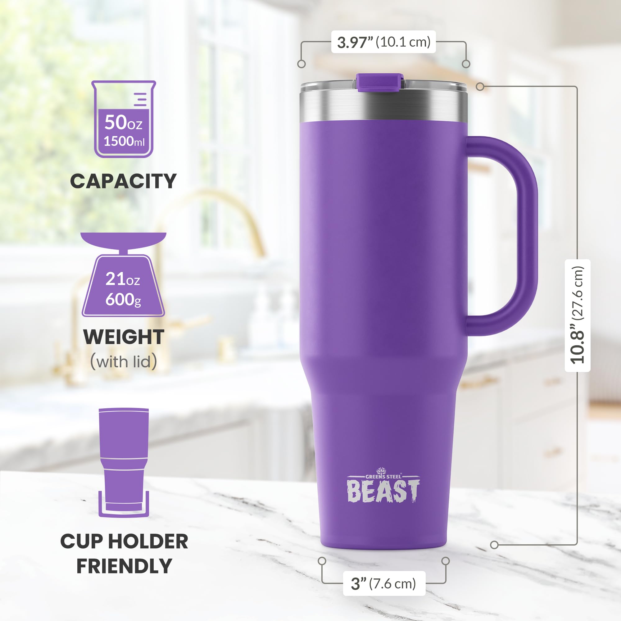 Electro-polished interior of Greens Steel Beast 50oz tumbler preserves pure taste.