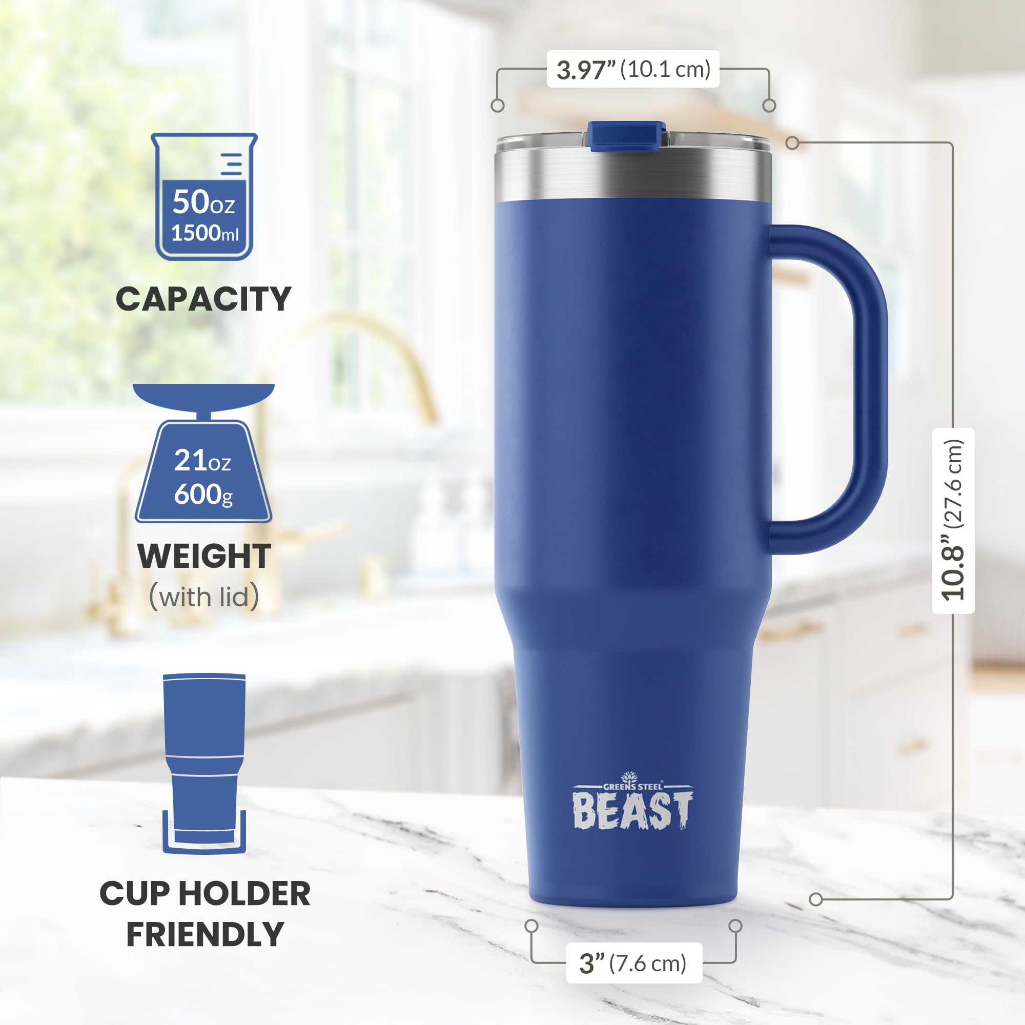 Greens Steel Beast 50oz tumbler with wide straw compatibility for smoothies.