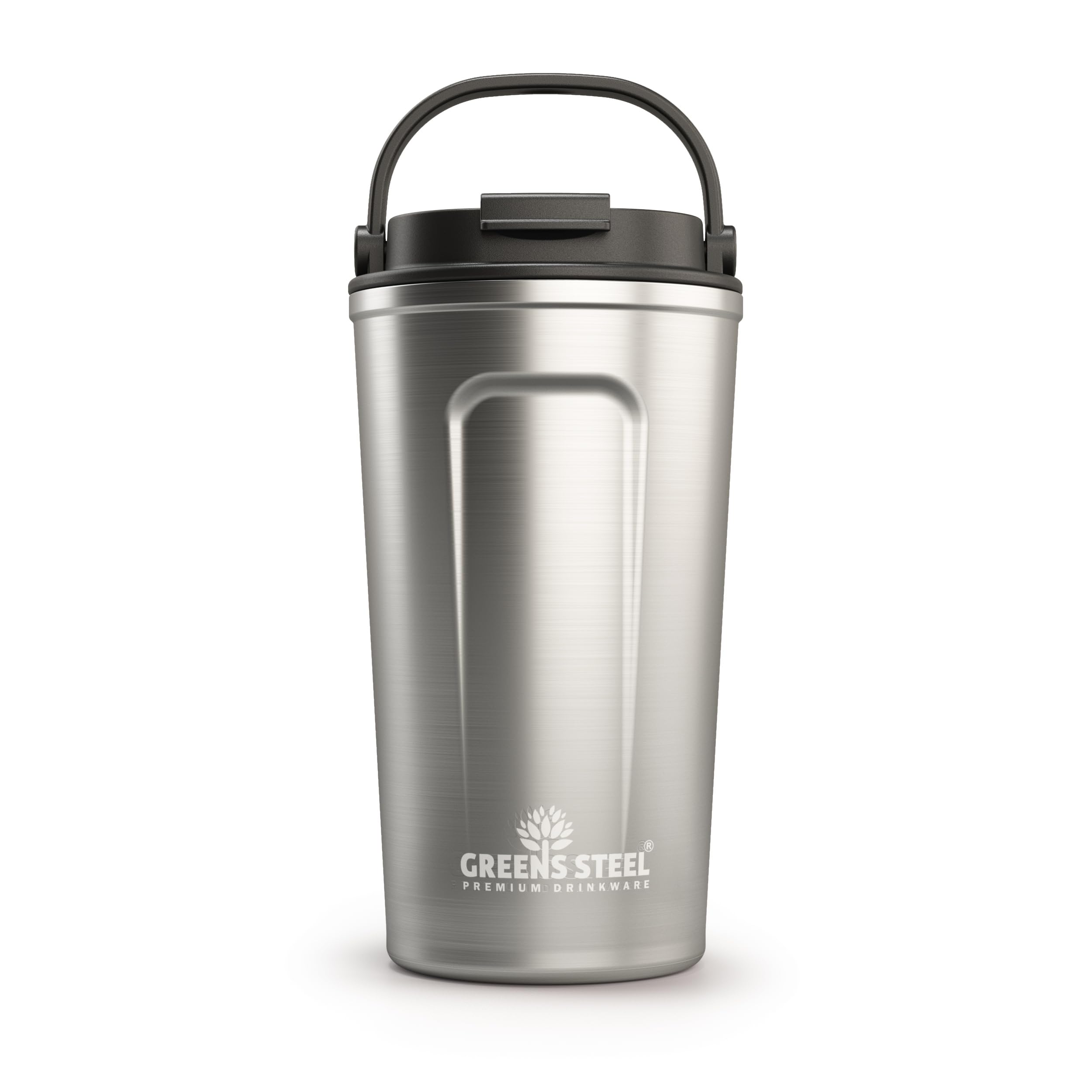 Greens Steel coffee cup lid-handle: secure, portable travel companion for hot drinks.